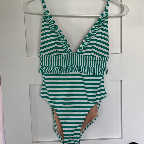 JCrew Green Stripes Ruffle One Piece Size 2 NWT - Picture 2 of 4